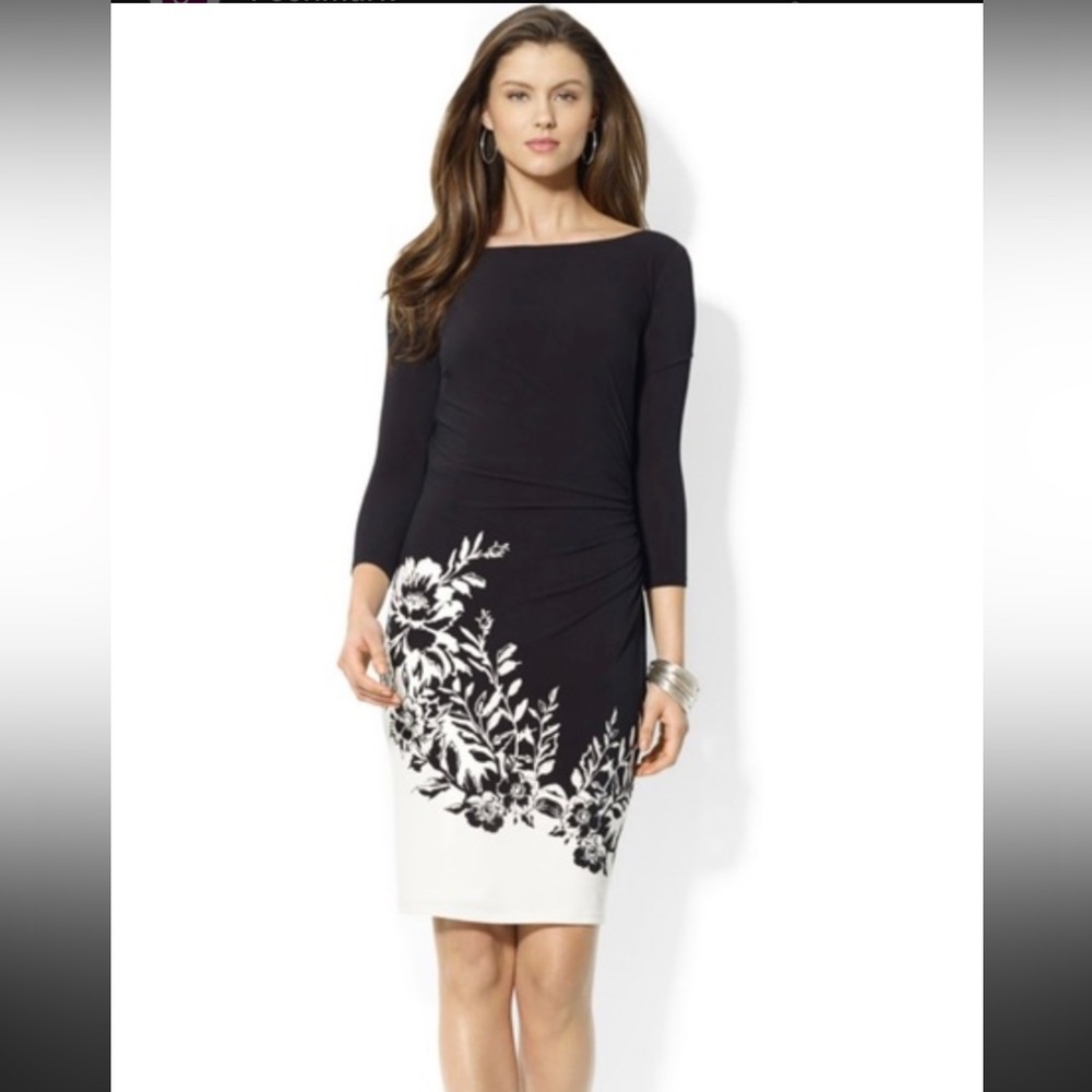 Ralph Lauren Black and White Long Sleeve Floral Sheath Dress